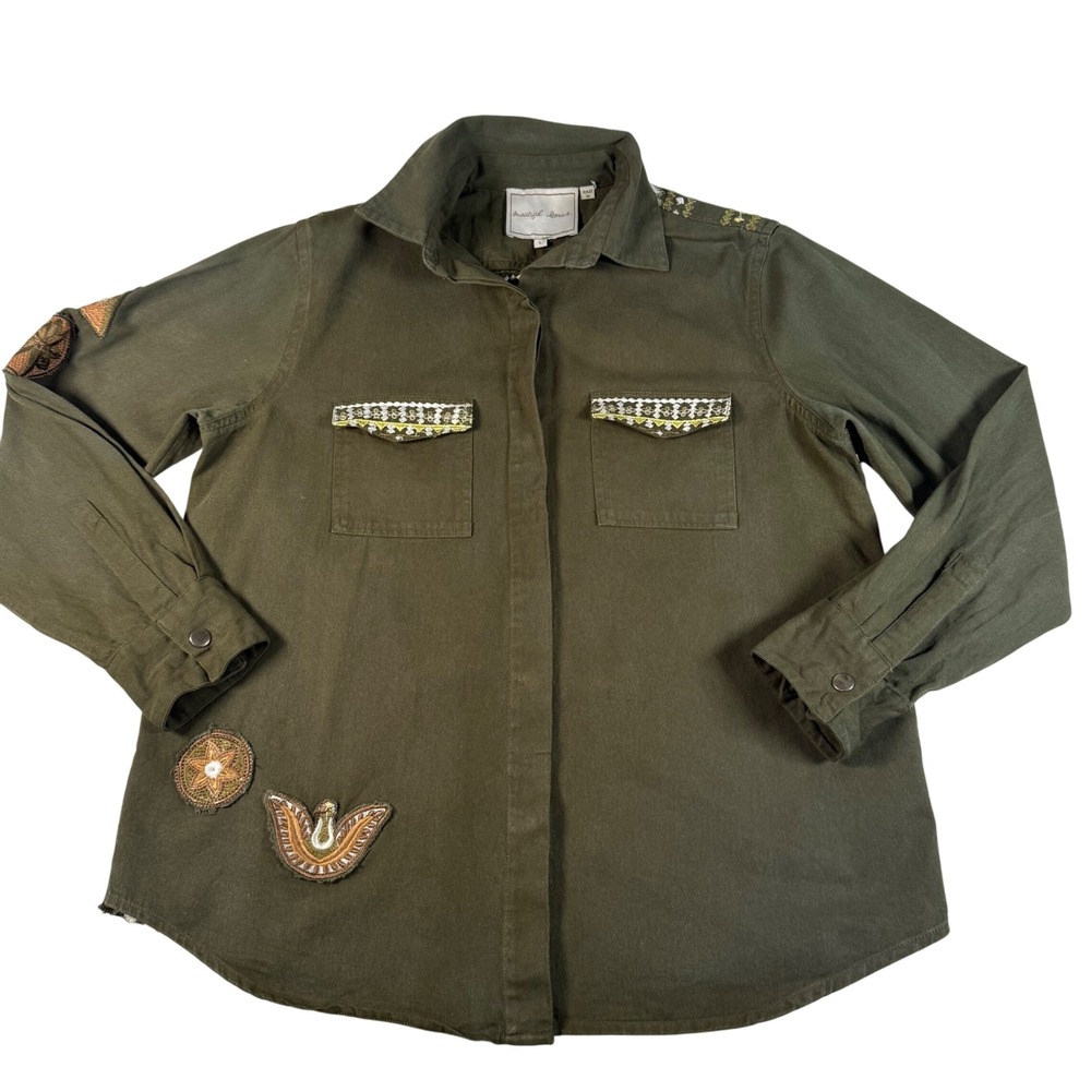 Beautiful Stories Olive Green Embroidered Patchwork Utility Shirt Jacket Women L